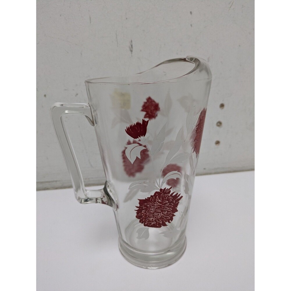 Vintage Jeanette Glass 48 Oz Red Flower Water Juice Beverage Pitcher